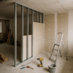 Finished drywall partition with smooth surface in a modern interior.