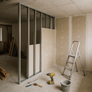 Finished drywall partition with smooth surface in a modern interior.